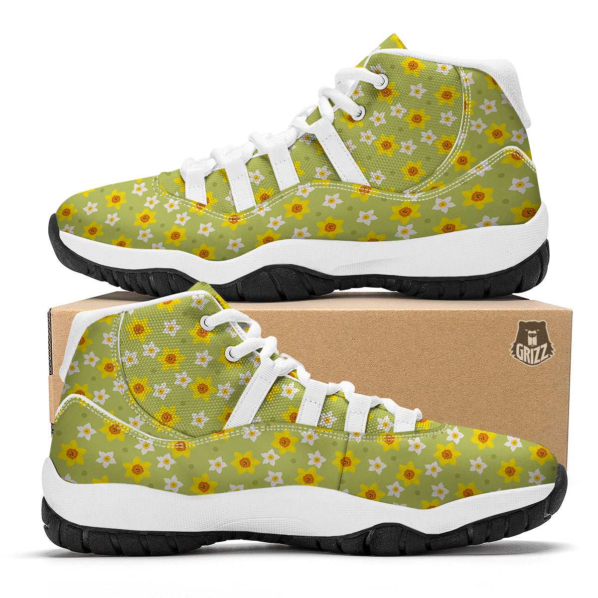 Daffodil And Green Dot Print Pattern White Bball Shoes-grizzshop