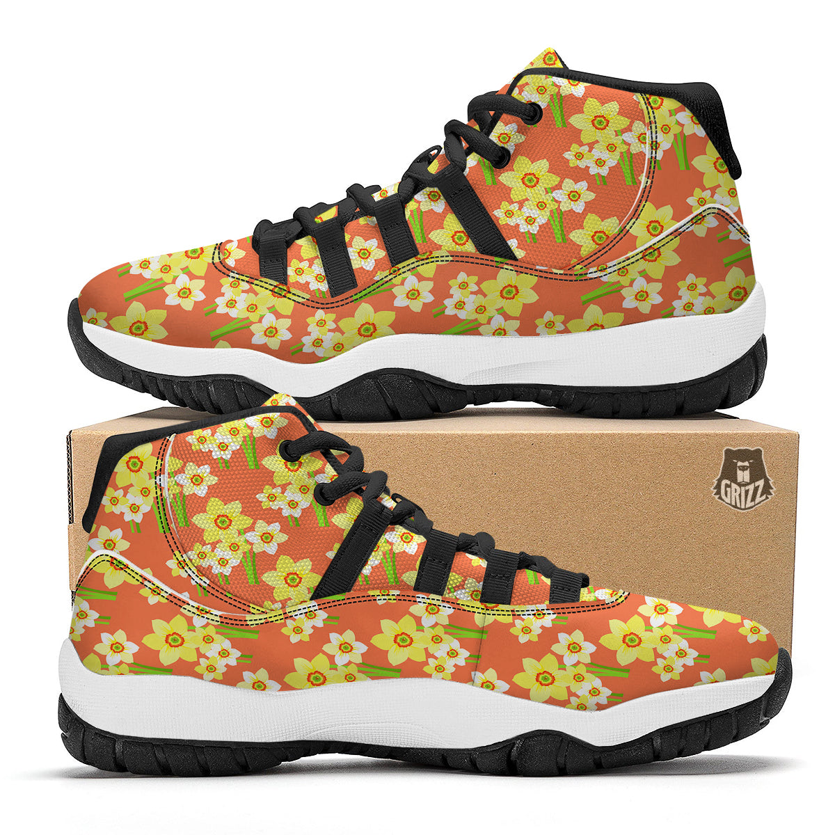 Daffodil And Pink Print Pattern Black Bball Shoes-grizzshop