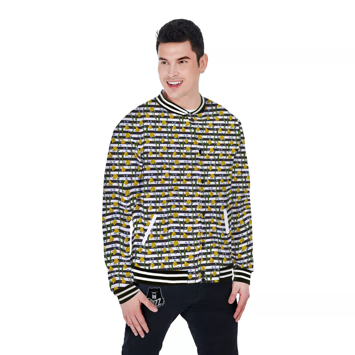 Daffodil Black Striped Print Pattern Baseball Jacket-grizzshop