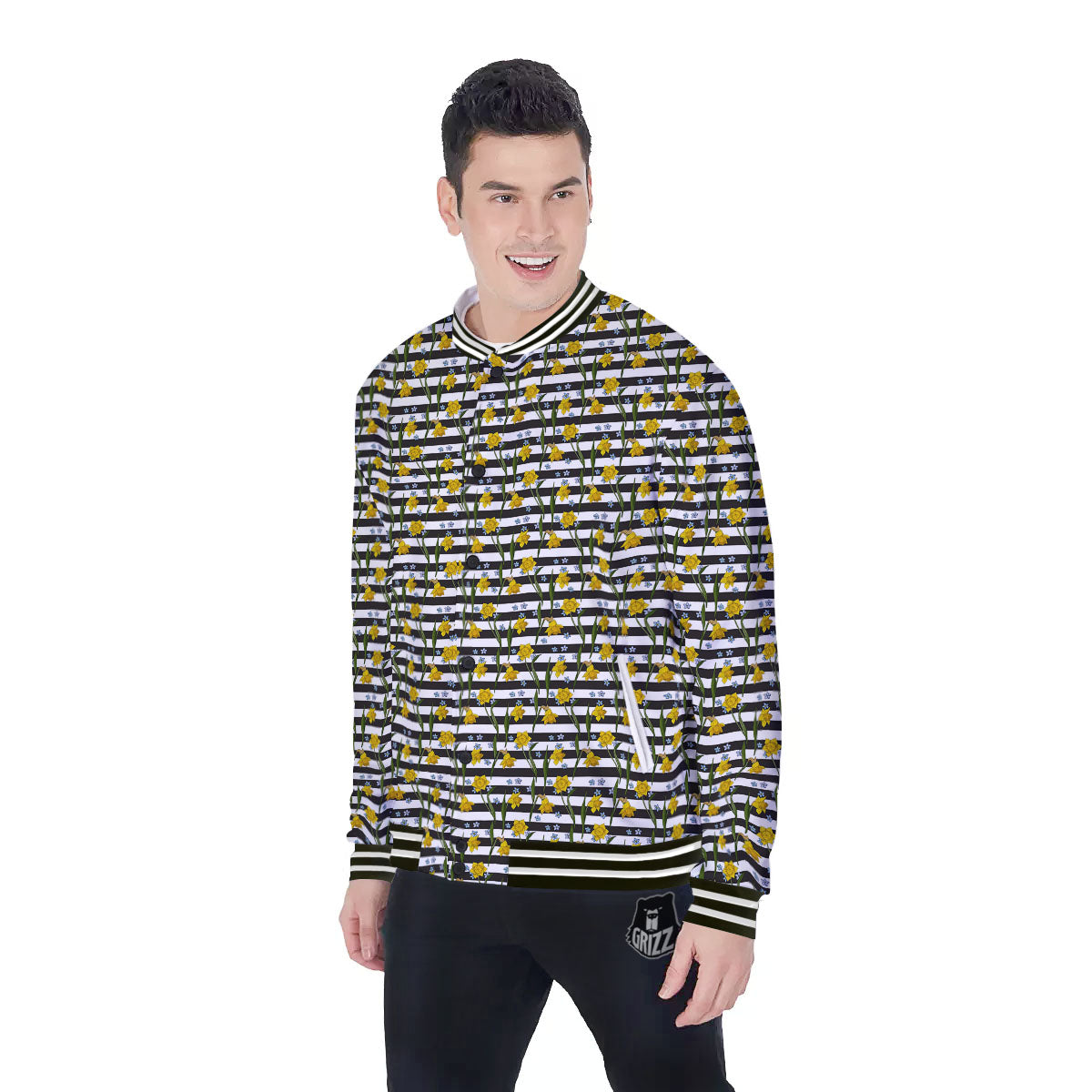 Daffodil Black Striped Print Pattern Baseball Jacket-grizzshop