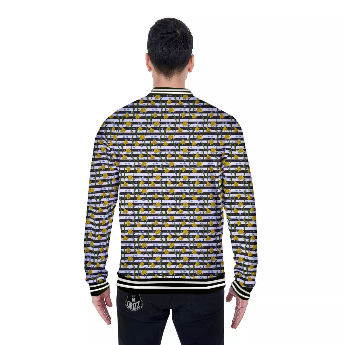 Daffodil Black Striped Print Pattern Baseball Jacket-grizzshop