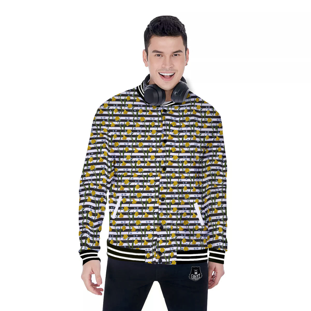 Daffodil Black Striped Print Pattern Baseball Jacket-grizzshop