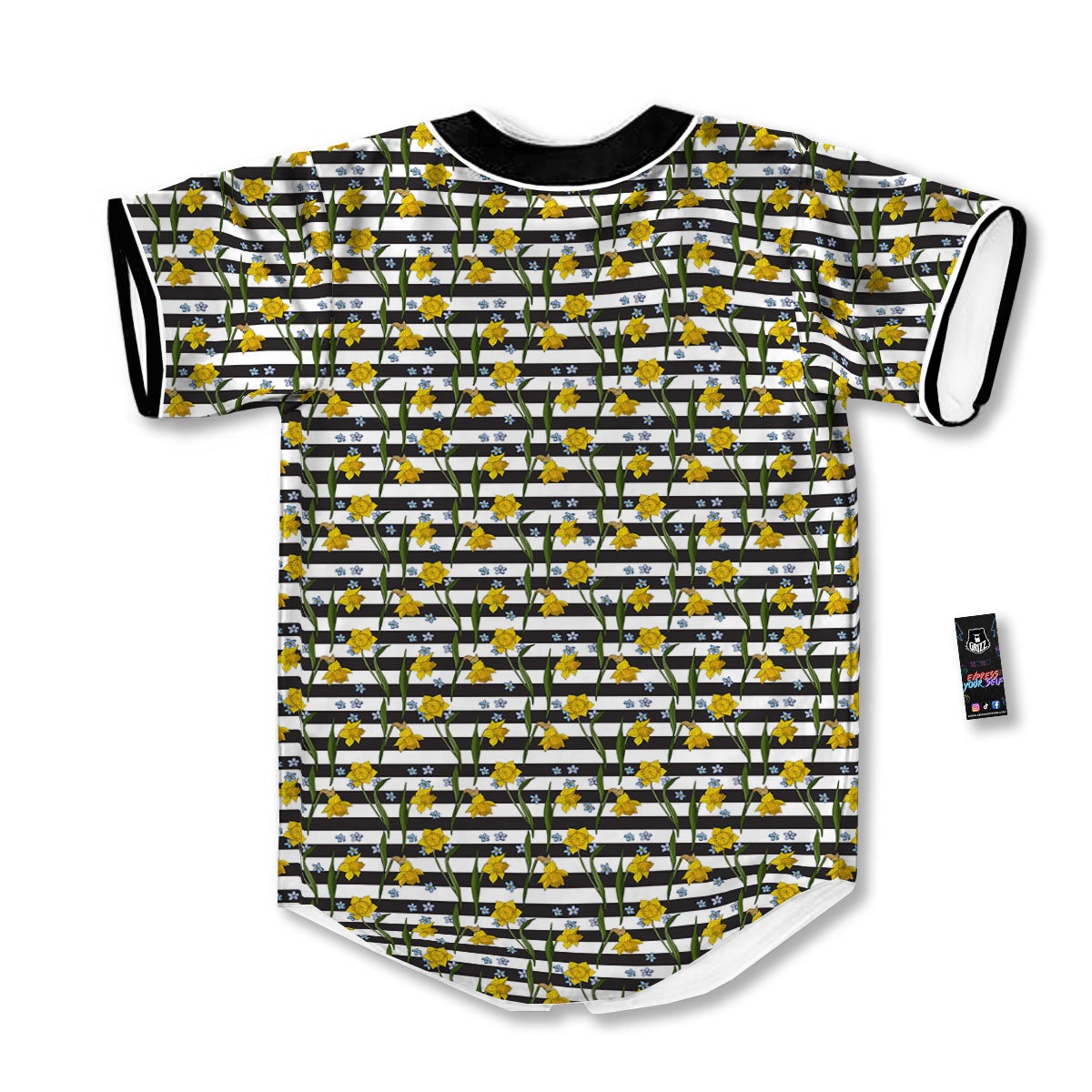 Daffodil Black Striped Print Pattern Baseball Jersey-grizzshop