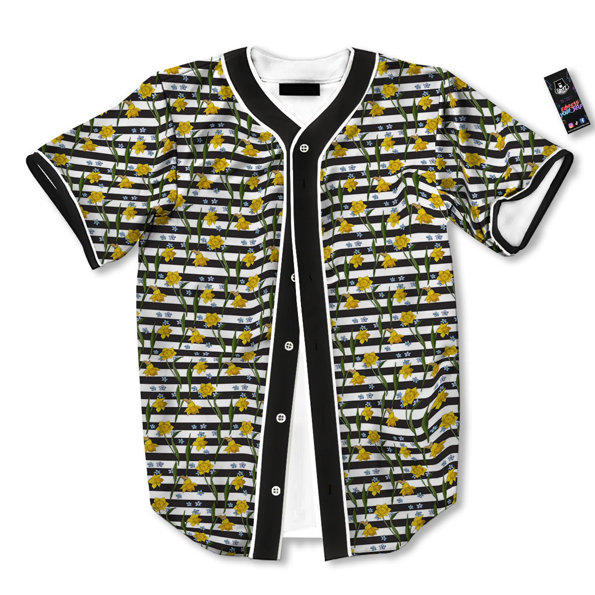 Daffodil Black Striped Print Pattern Baseball Jersey-grizzshop