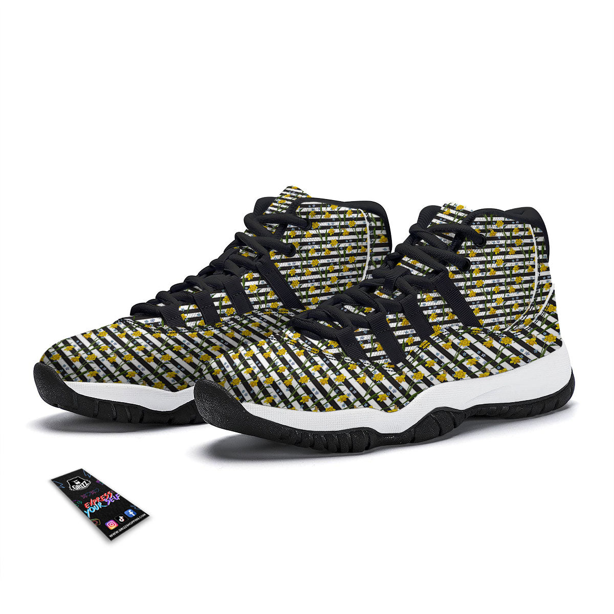 Daffodil Black Striped Print Pattern Black Bball Shoes-grizzshop