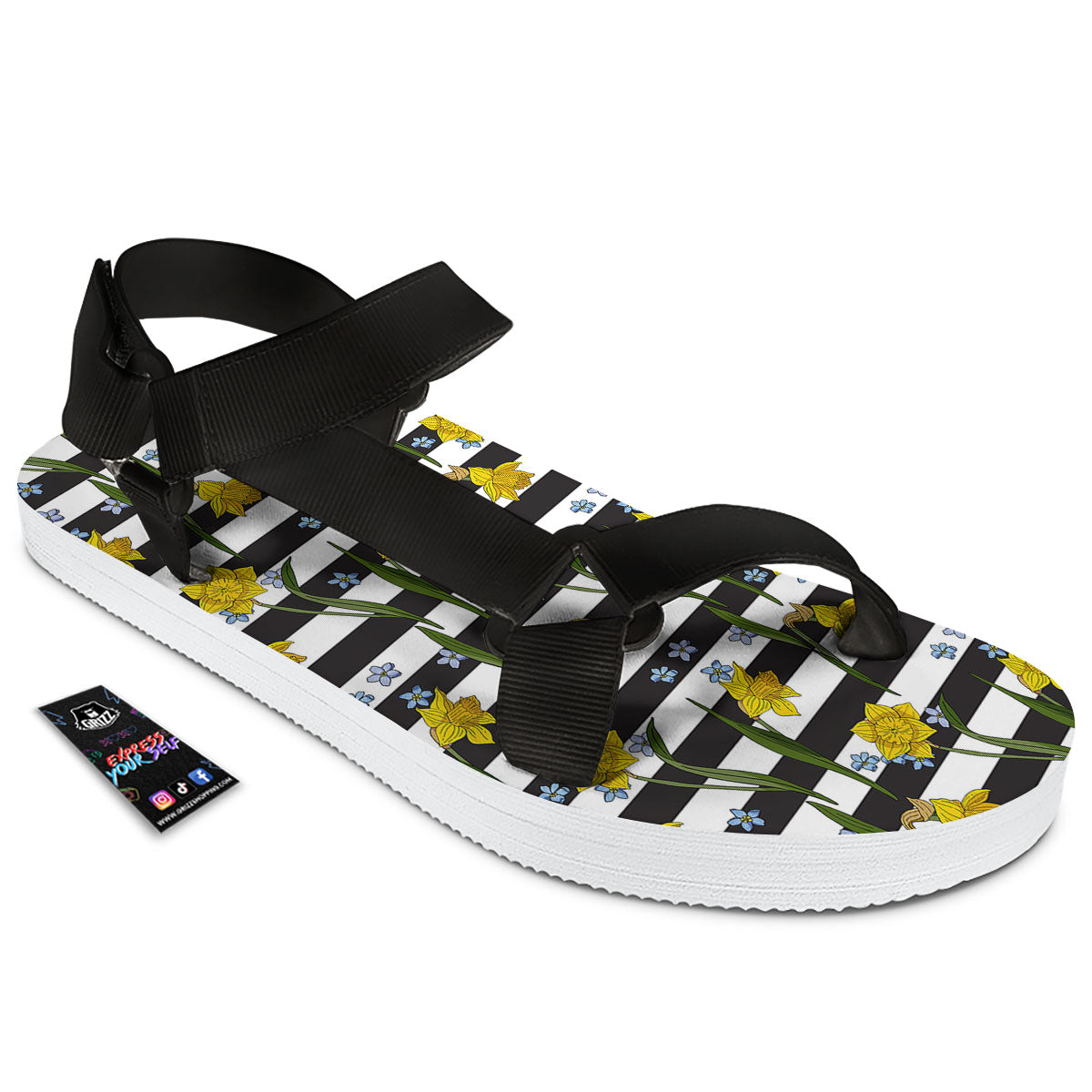 Daffodil Black Striped Print Pattern Black Open Toe Sandals-grizzshop