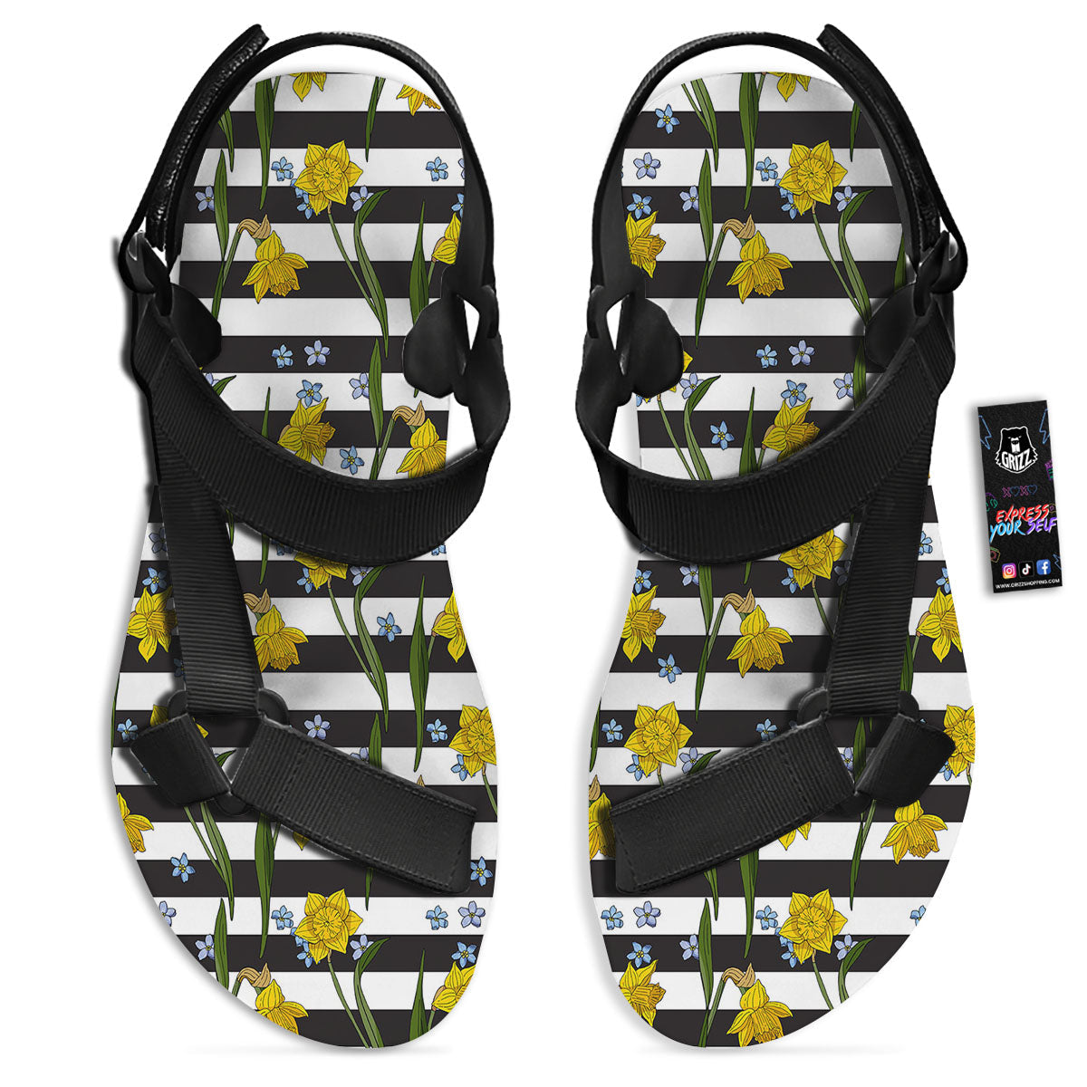 Daffodil Black Striped Print Pattern Black Open Toe Sandals-grizzshop