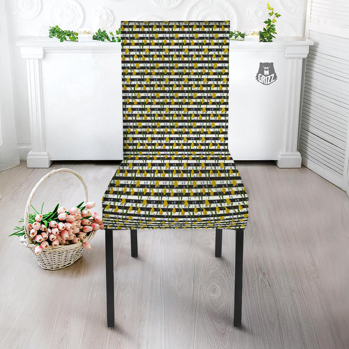 Daffodil Black Striped Print Pattern Dining Chair Slipcover-grizzshop