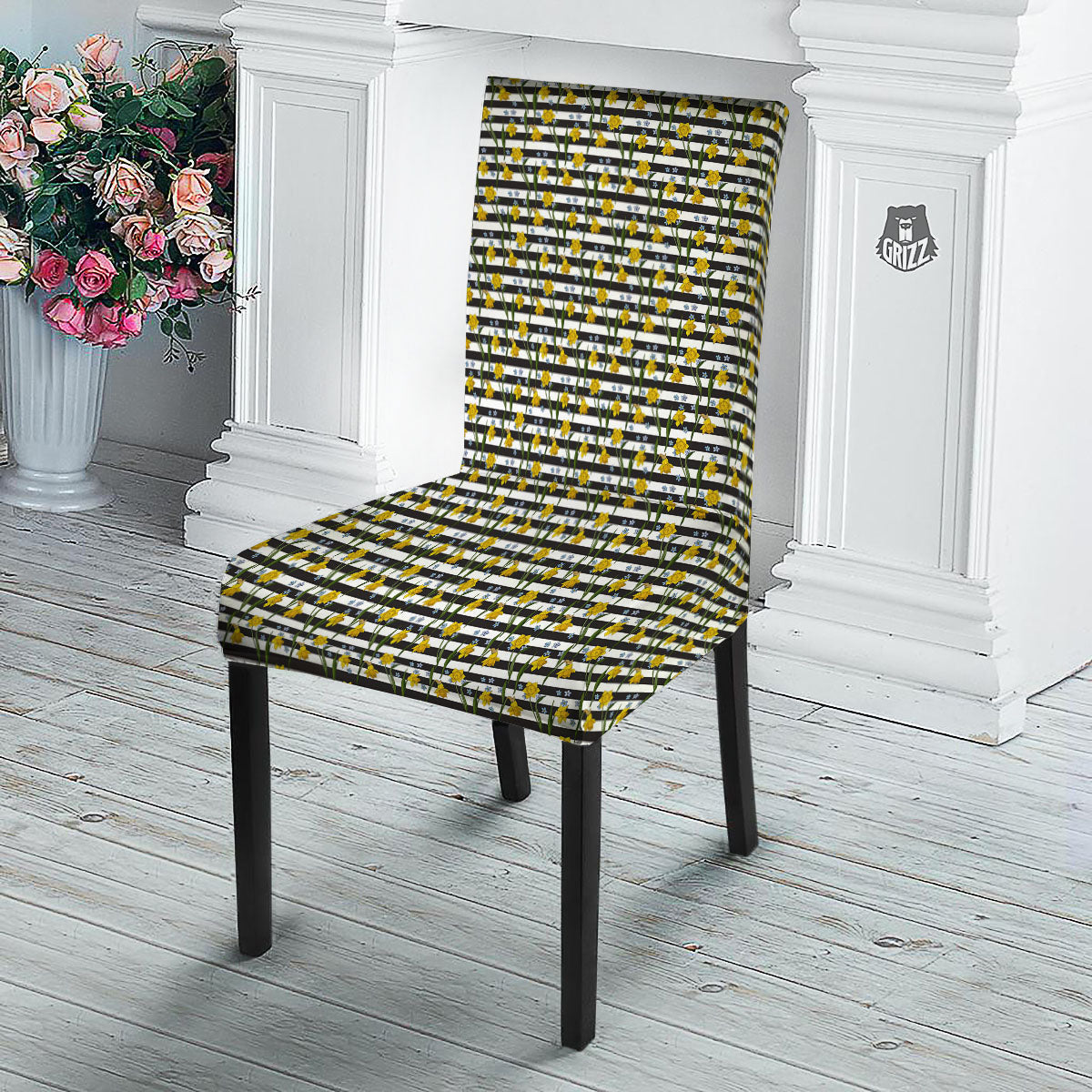 Daffodil Black Striped Print Pattern Dining Chair Slipcover-grizzshop