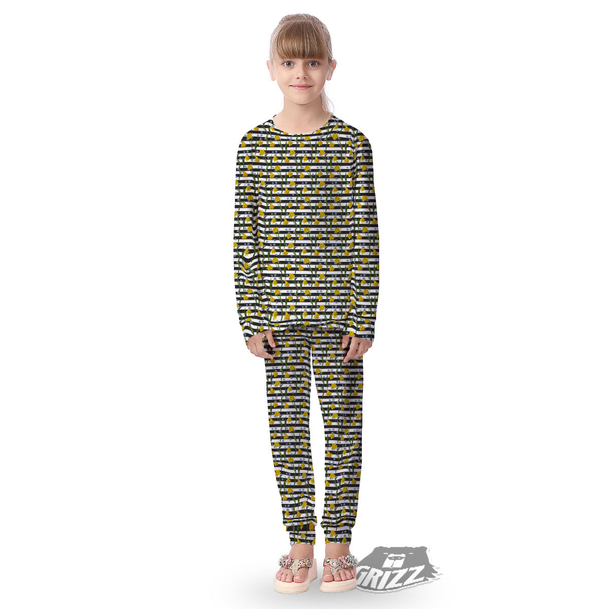 Daffodil Black Striped Print Pattern Kid's Pajamas-grizzshop