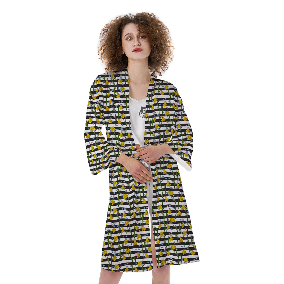 Daffodil Black Striped Print Pattern Kimono-grizzshop