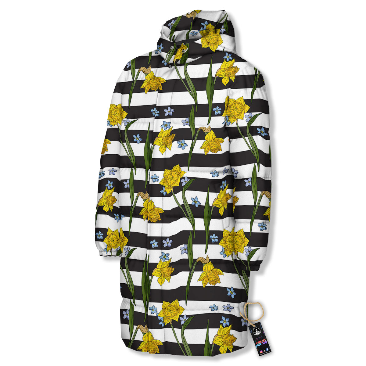 Daffodil Black Striped Print Pattern Long Down Jacket-grizzshop