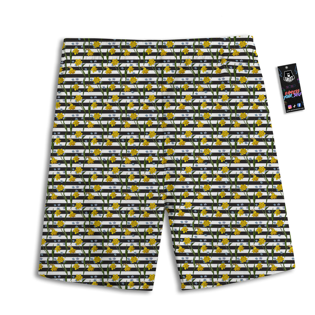 Daffodil Black Striped Print Pattern Men's Athletic Shorts