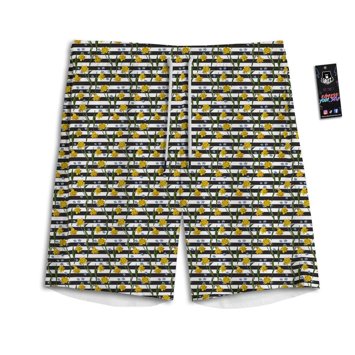 Daffodil Black Striped Print Pattern Men's Athletic Shorts