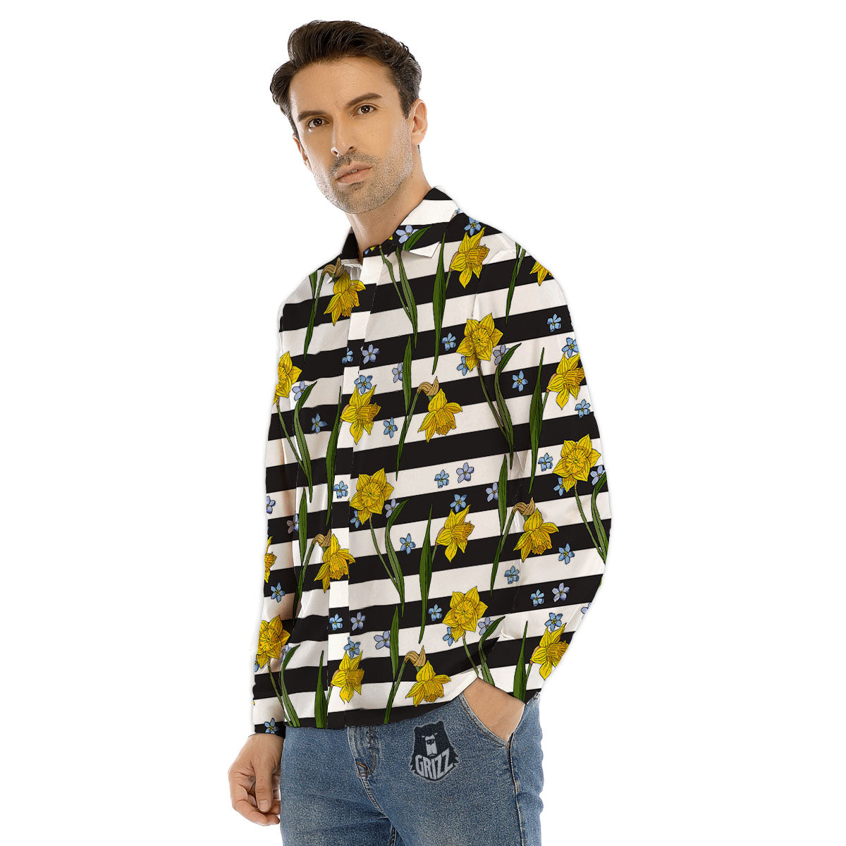 Daffodil Black Striped Print Pattern Men's Dress Shirts-grizzshop