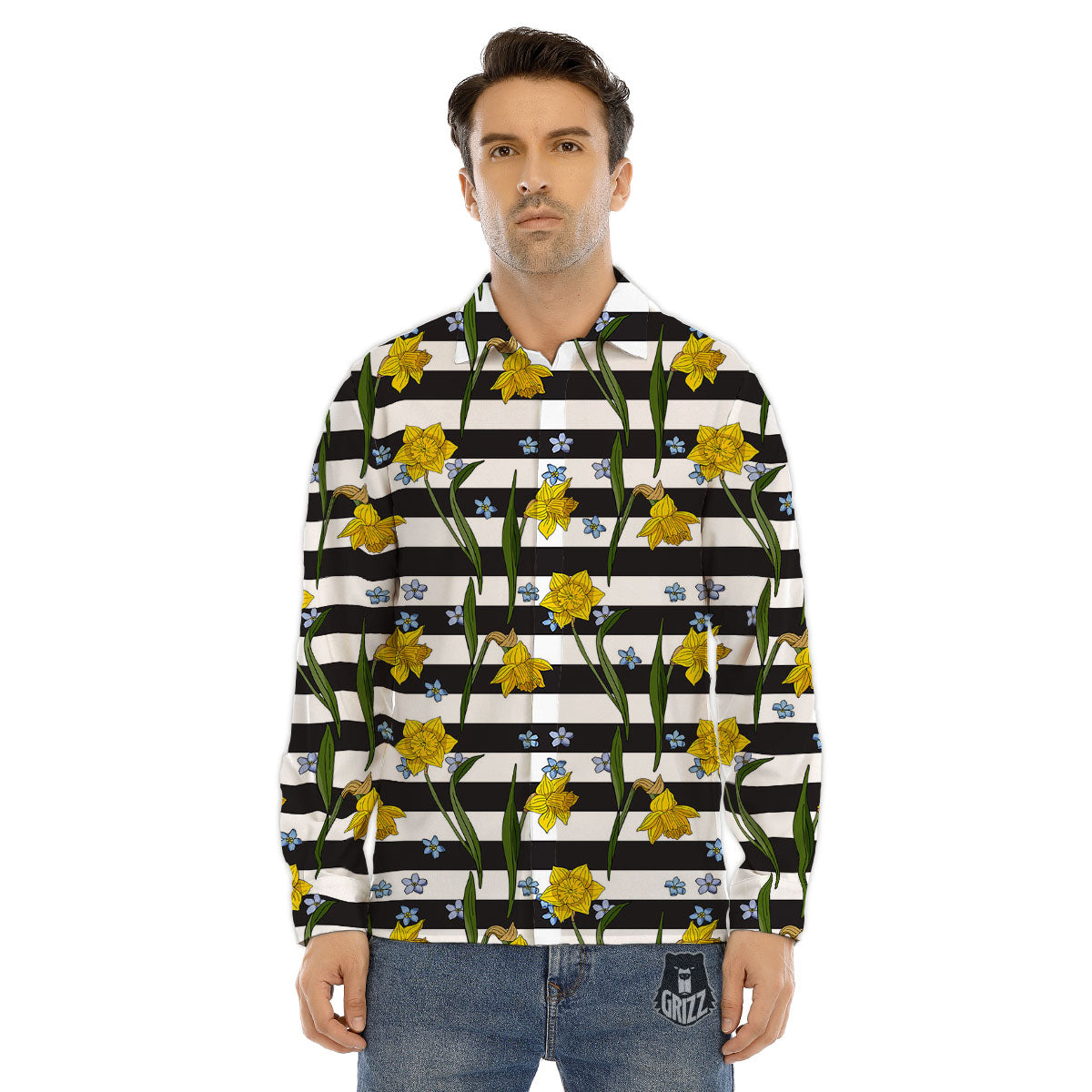 Daffodil Black Striped Print Pattern Men's Dress Shirts-grizzshop