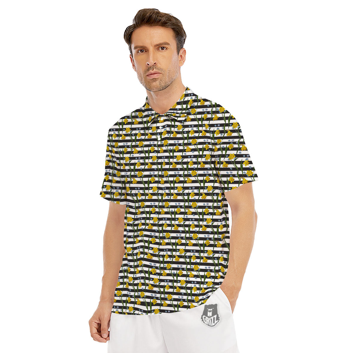 Daffodil Black Striped Print Pattern Men's Golf Shirts-grizzshop