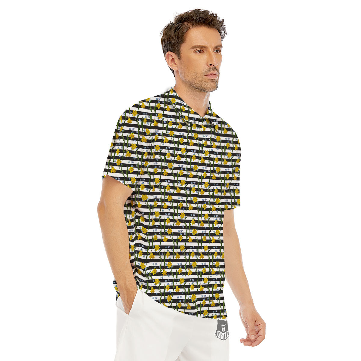 Daffodil Black Striped Print Pattern Men's Golf Shirts-grizzshop