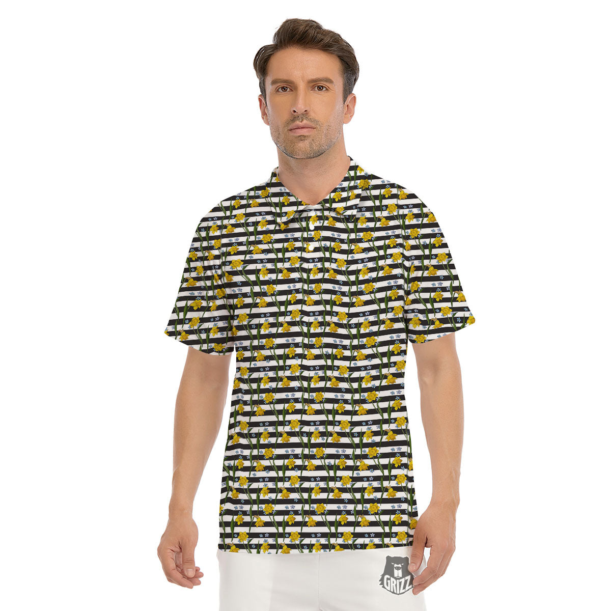 Daffodil Black Striped Print Pattern Men's Golf Shirts-grizzshop