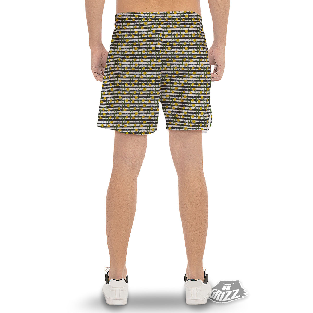 Daffodil Black Striped Print Pattern Men's Gym Shorts-grizzshop