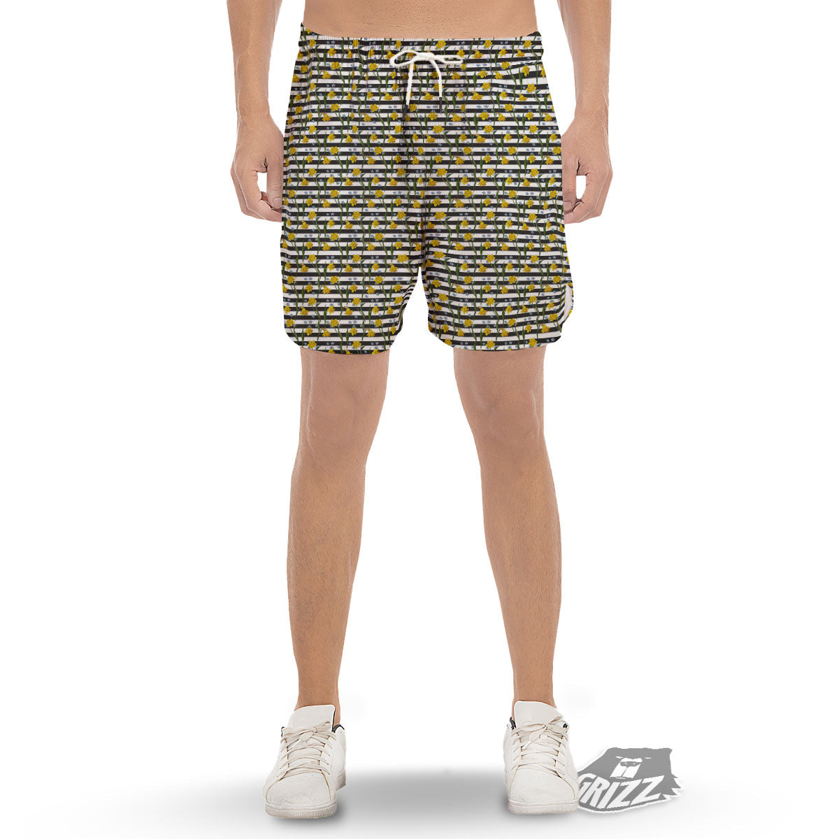 Daffodil Black Striped Print Pattern Men's Gym Shorts-grizzshop