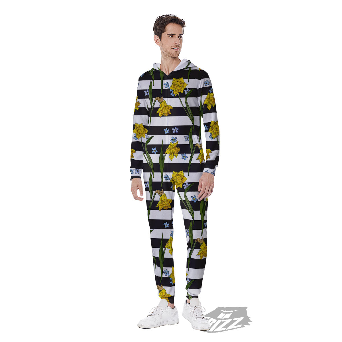 Daffodil Black Striped Print Pattern Men's Jumpsuit-grizzshop