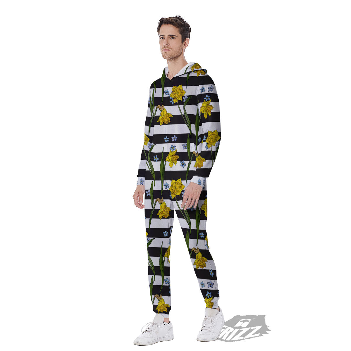 Daffodil Black Striped Print Pattern Men's Jumpsuit-grizzshop