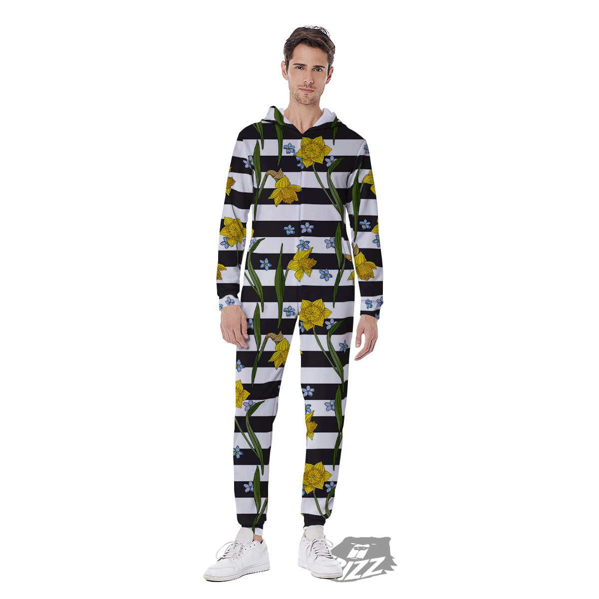 Daffodil Black Striped Print Pattern Men's Jumpsuit-grizzshop