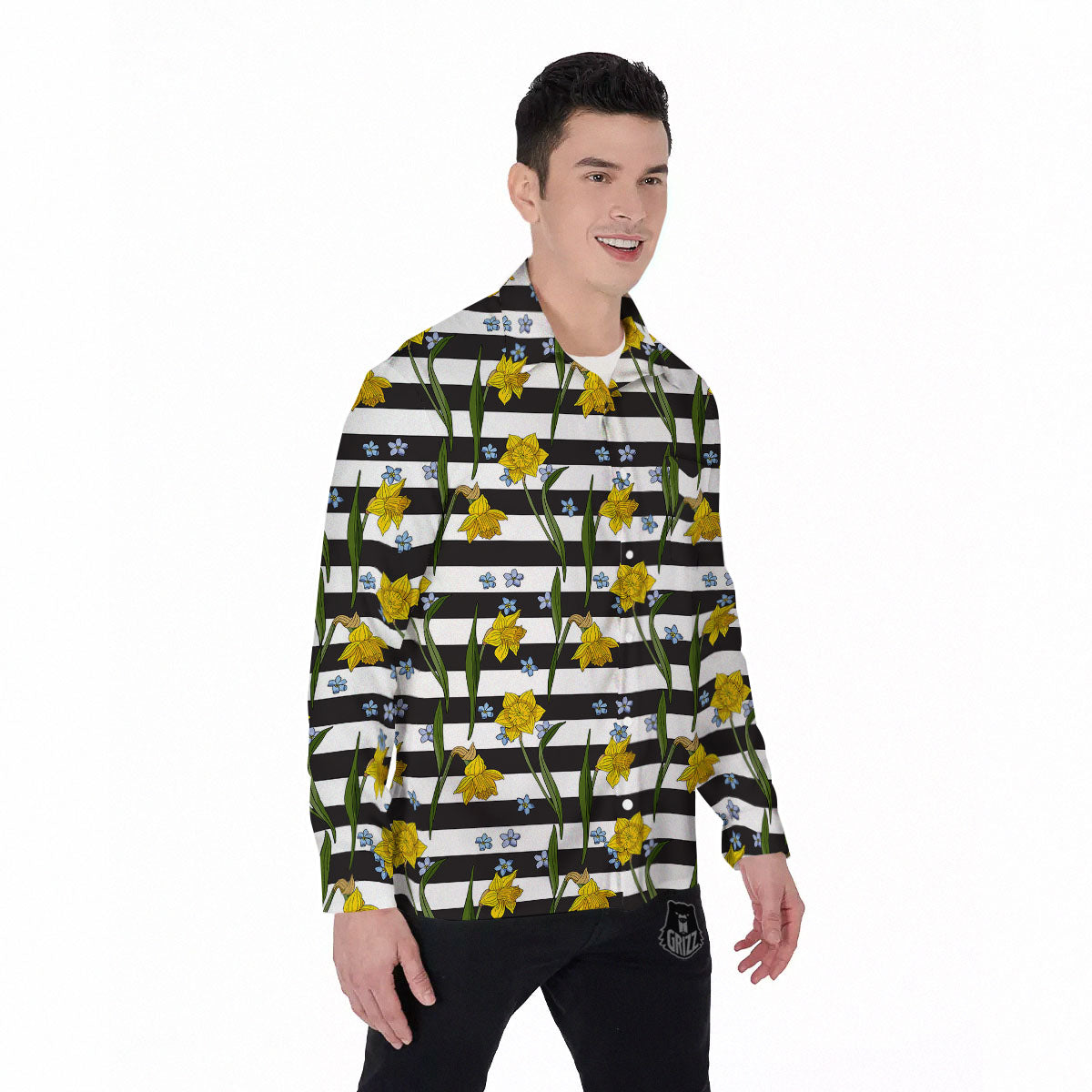Daffodil Black Striped Print Pattern Men's Long Sleeve Shirts-grizzshop