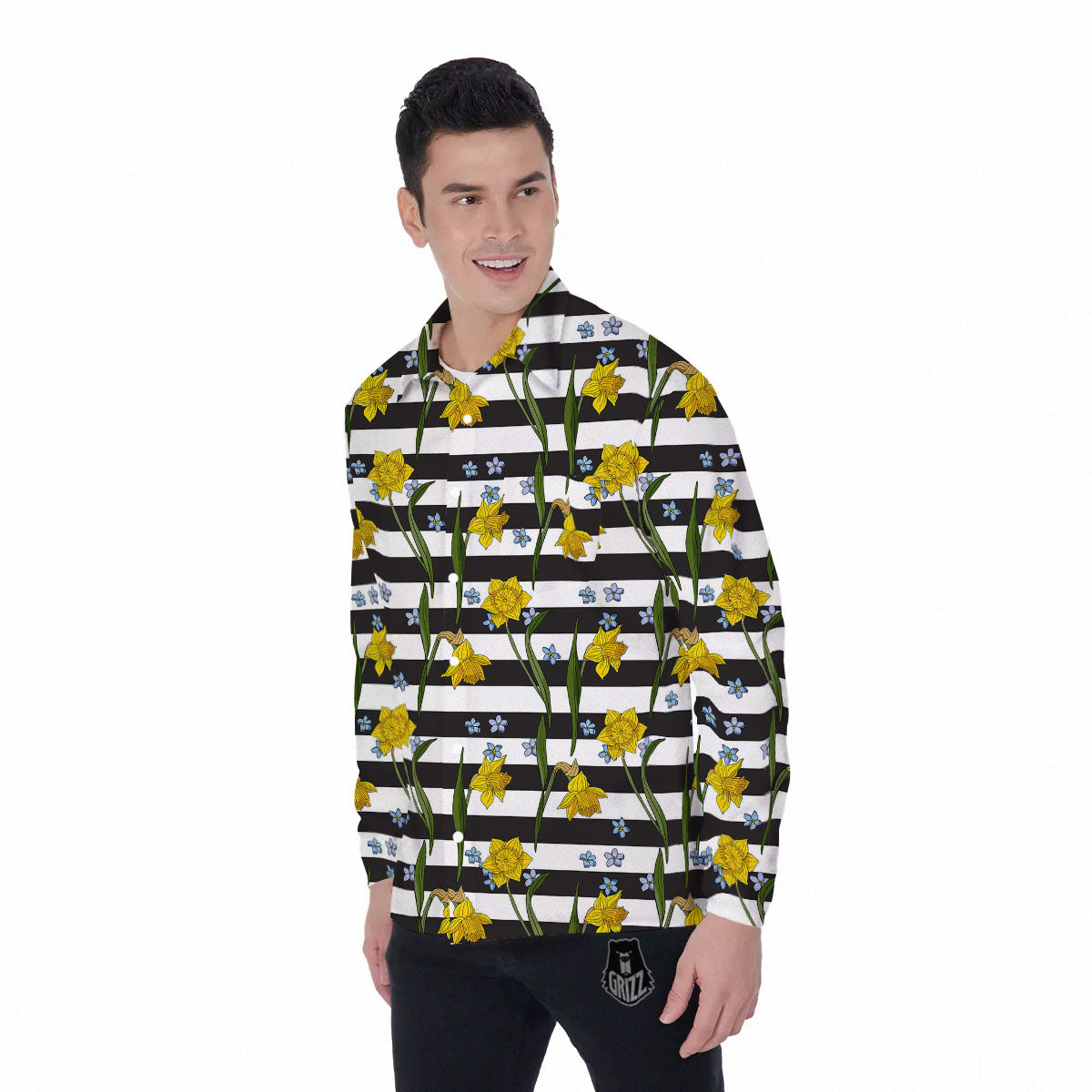 Daffodil Black Striped Print Pattern Men's Long Sleeve Shirts-grizzshop