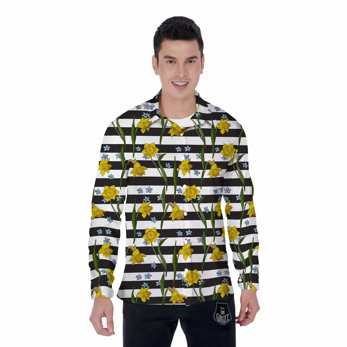 Daffodil Black Striped Print Pattern Men's Long Sleeve Shirts-grizzshop