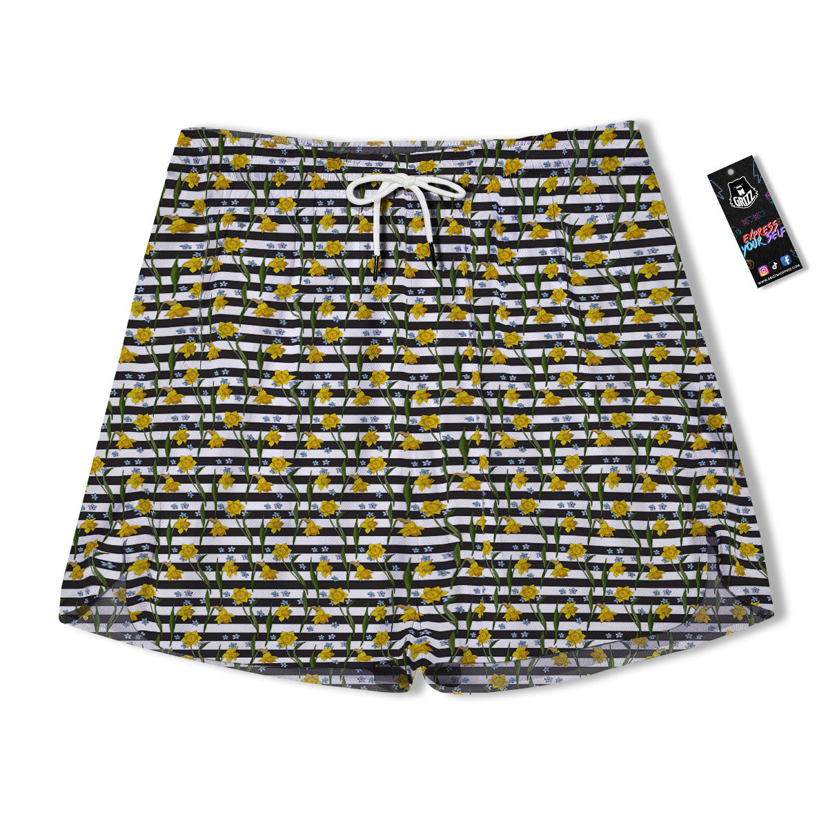 Daffodil Black Striped Print Pattern Men's Running Shorts-grizzshop