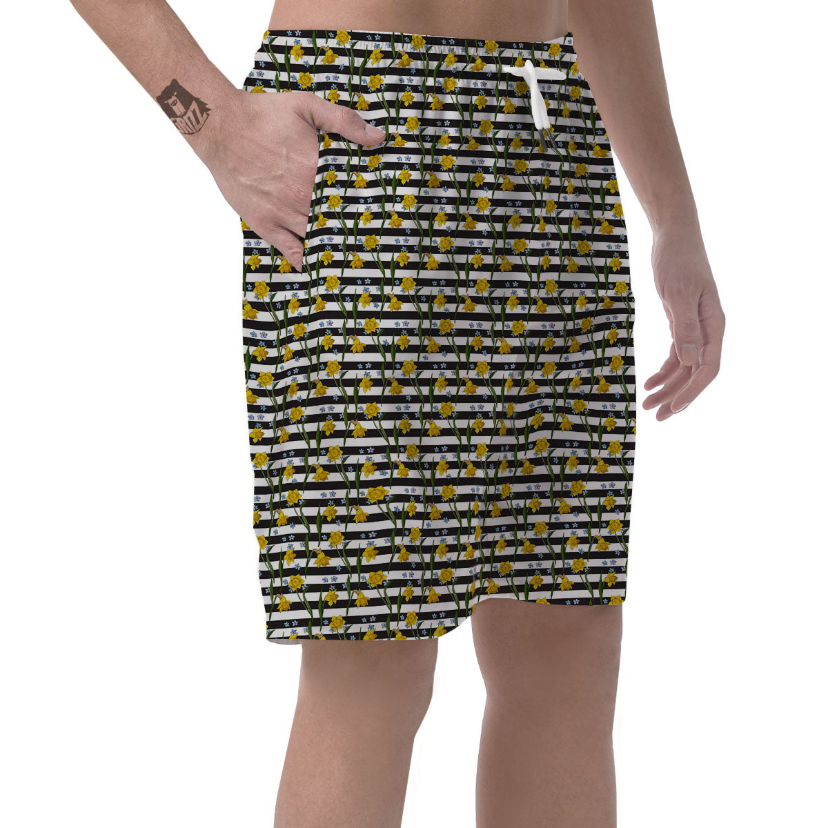 Daffodil Black Striped Print Pattern Men's Shorts-grizzshop