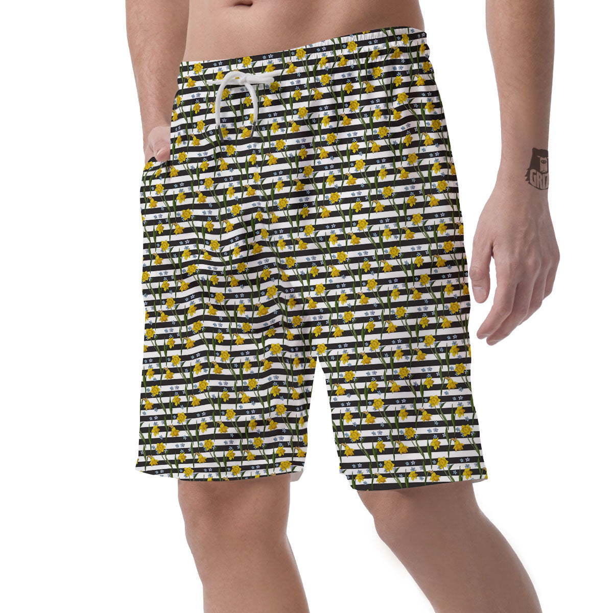 Daffodil Black Striped Print Pattern Men's Shorts-grizzshop