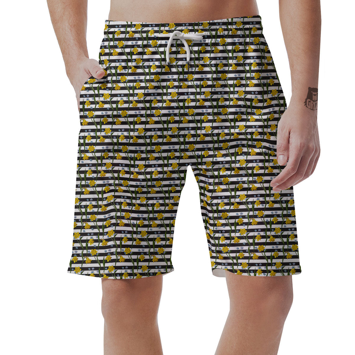 Daffodil Black Striped Print Pattern Men's Shorts-grizzshop