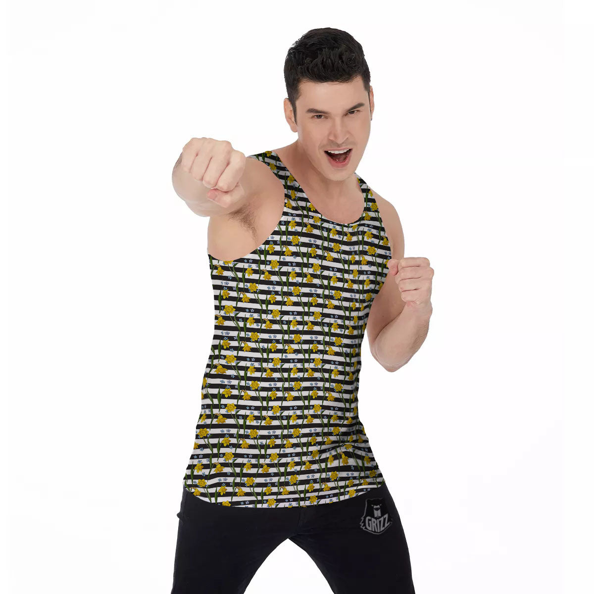 Daffodil Black Striped Print Pattern Men's Tank Top-grizzshop