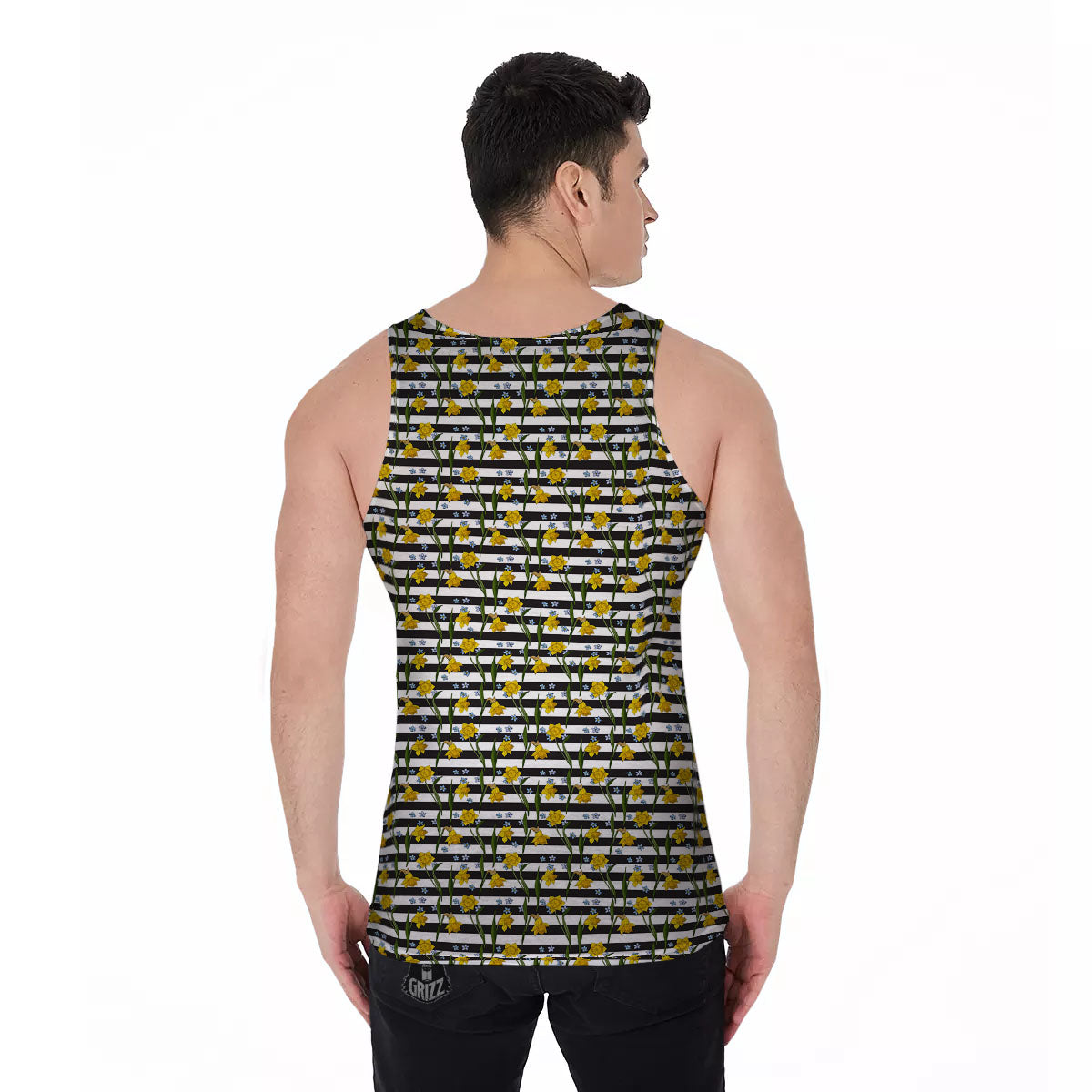 Daffodil Black Striped Print Pattern Men's Tank Top-grizzshop