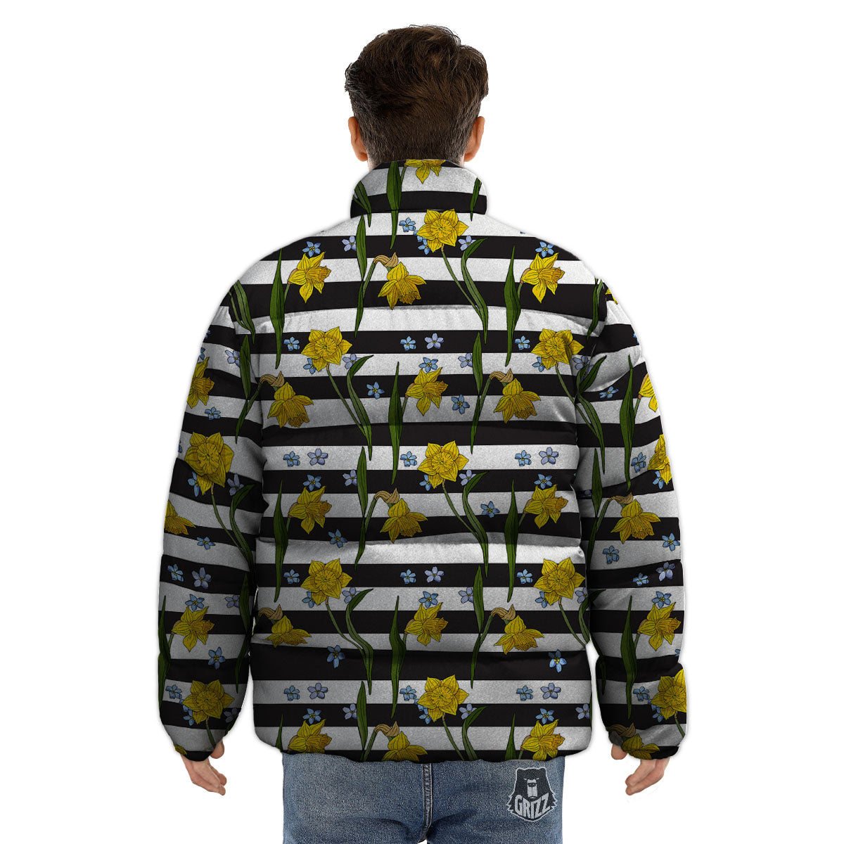 Daffodil Black Striped Print Pattern Puffer Jacket-grizzshop