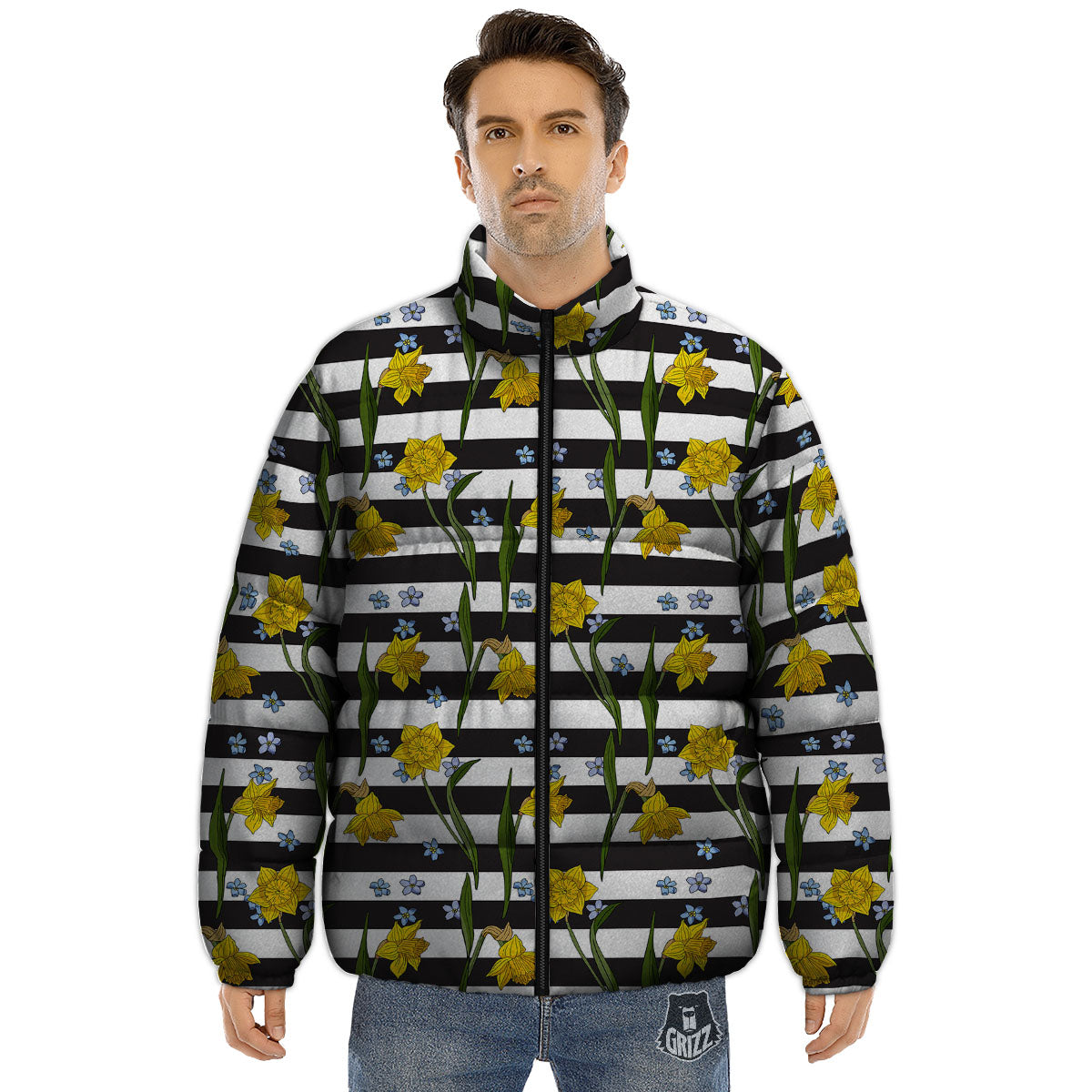 Daffodil Black Striped Print Pattern Puffer Jacket-grizzshop