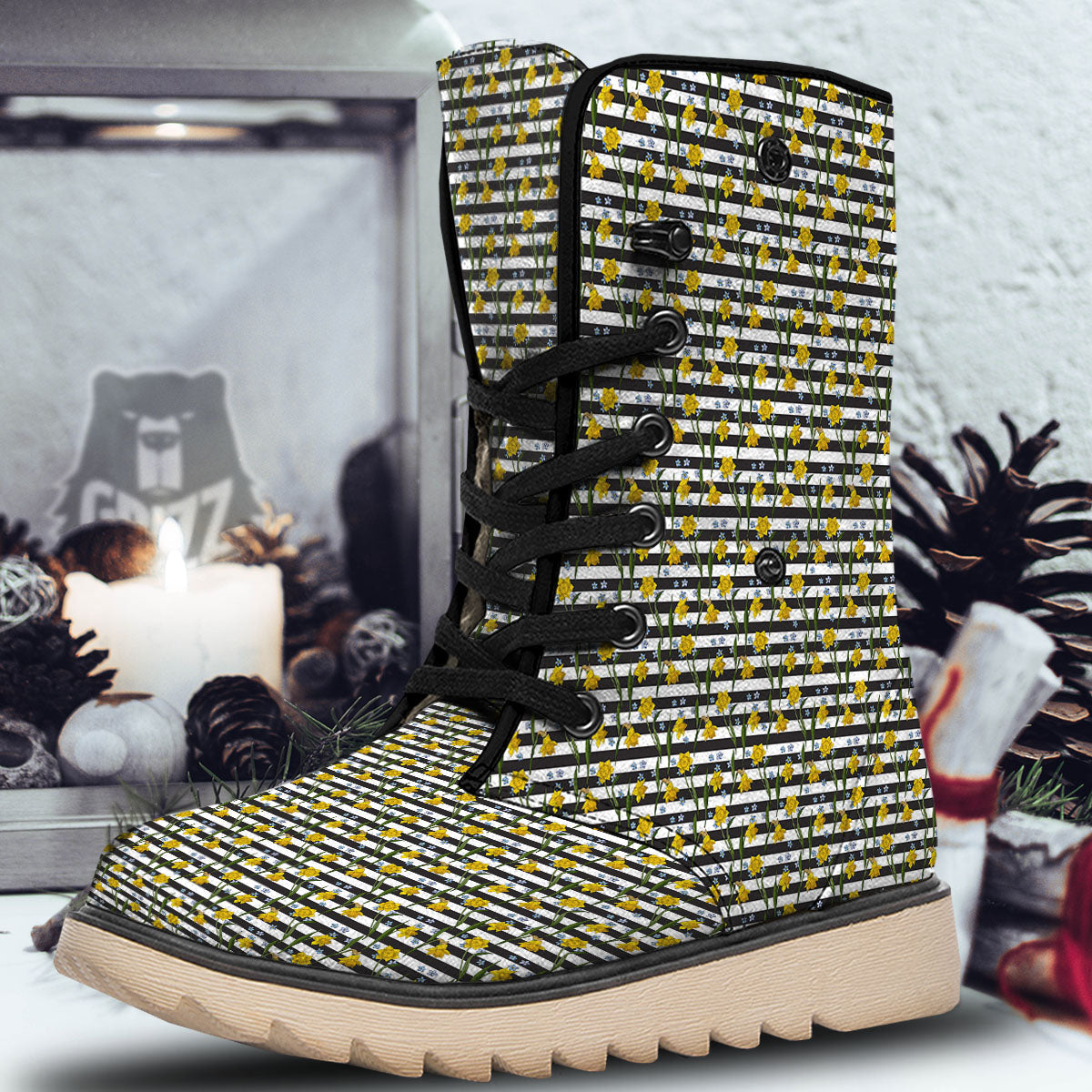 Daffodil Black Striped Print Pattern Snow Boots-grizzshop