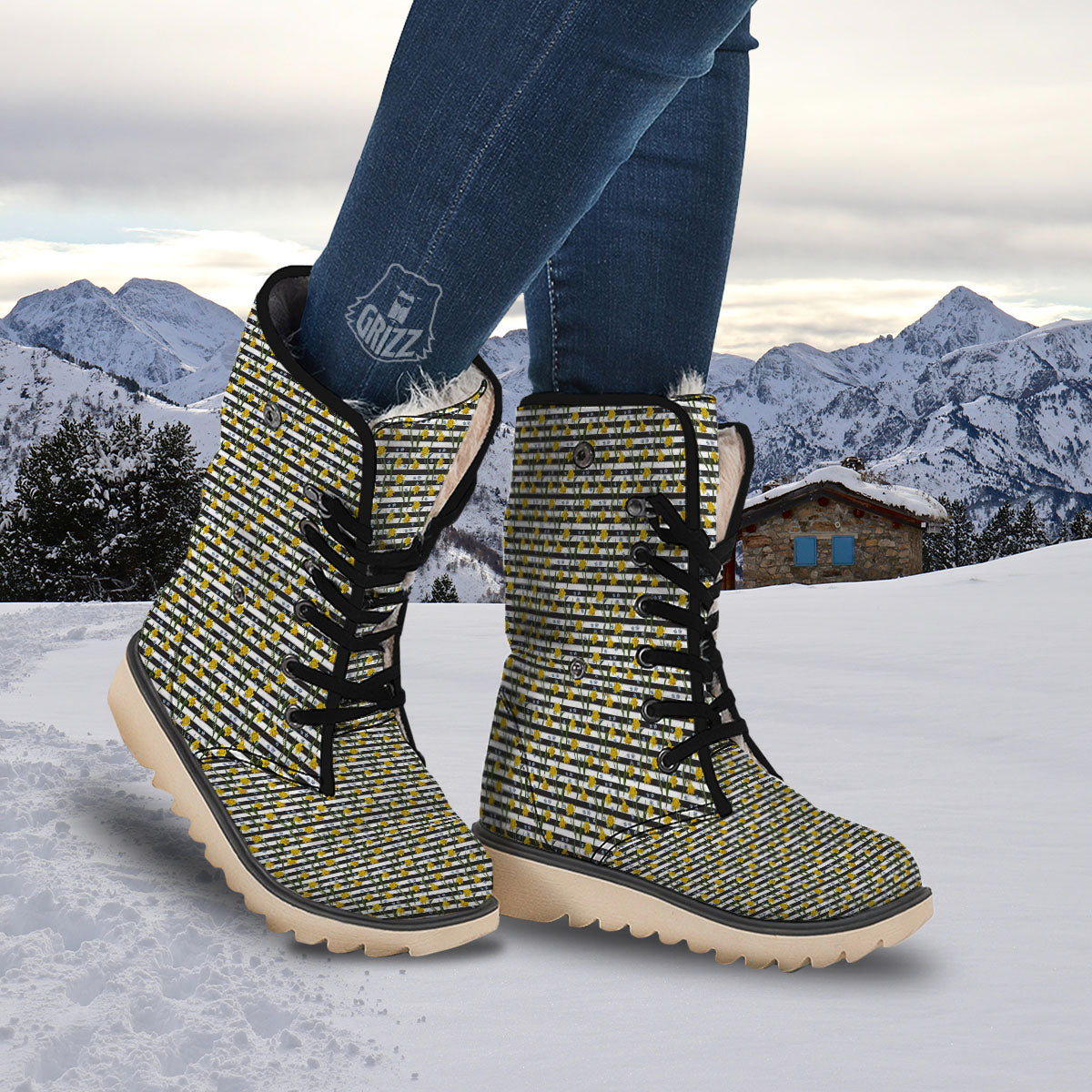 Daffodil Black Striped Print Pattern Snow Boots-grizzshop