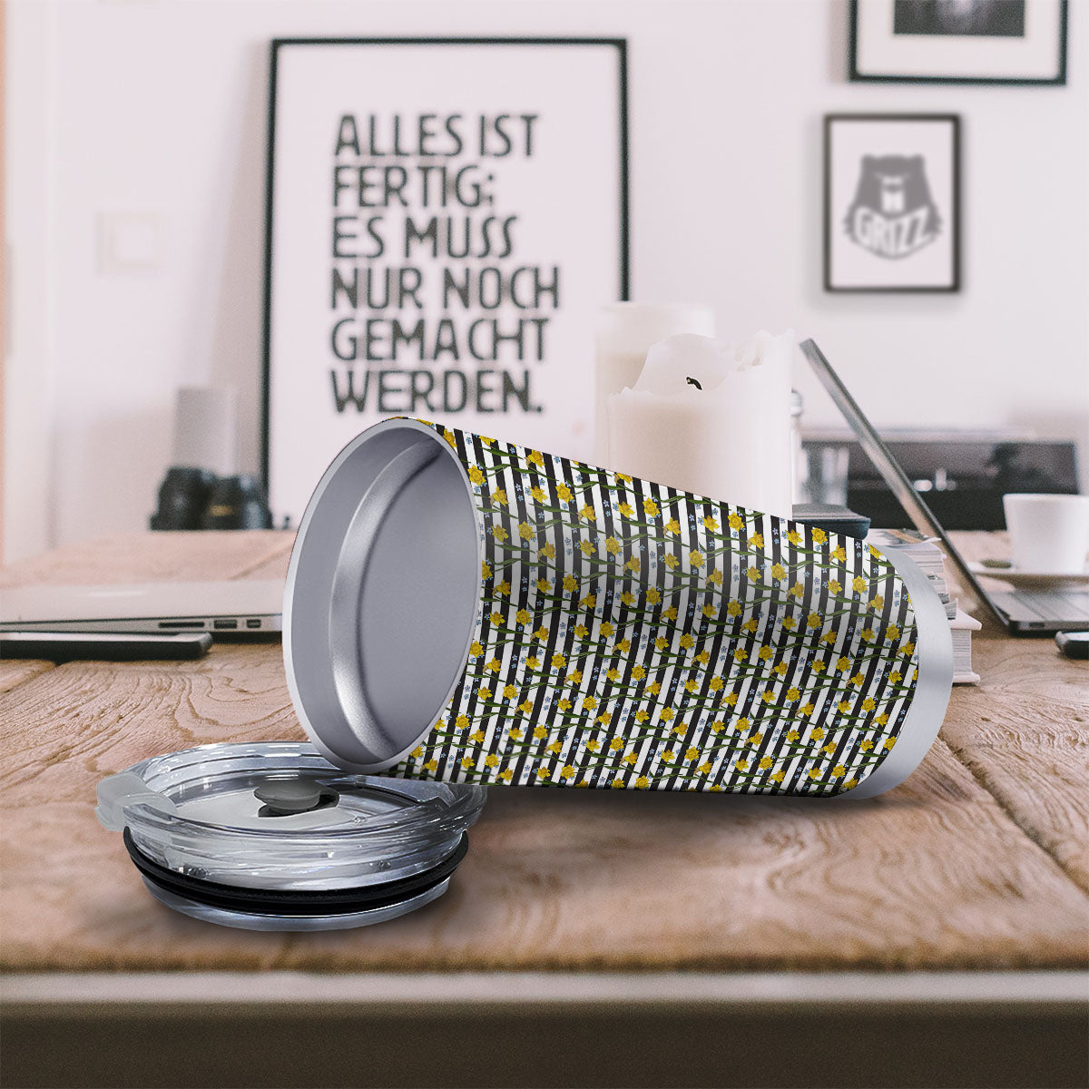 Daffodil Black Striped Print Pattern Tumbler-grizzshop
