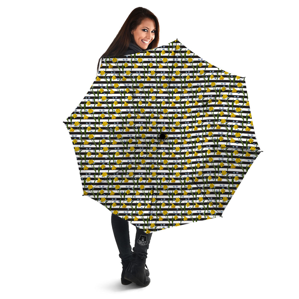 Daffodil Black Striped Print Pattern Umbrella-grizzshop