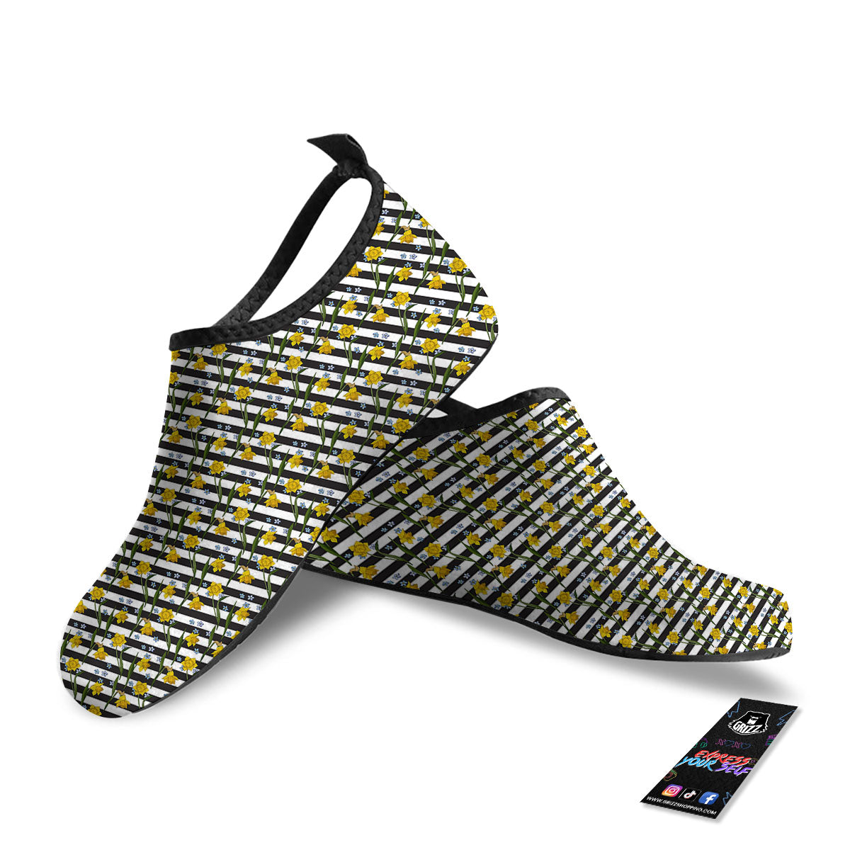Daffodil Black Striped Print Pattern Water Shoes-grizzshop