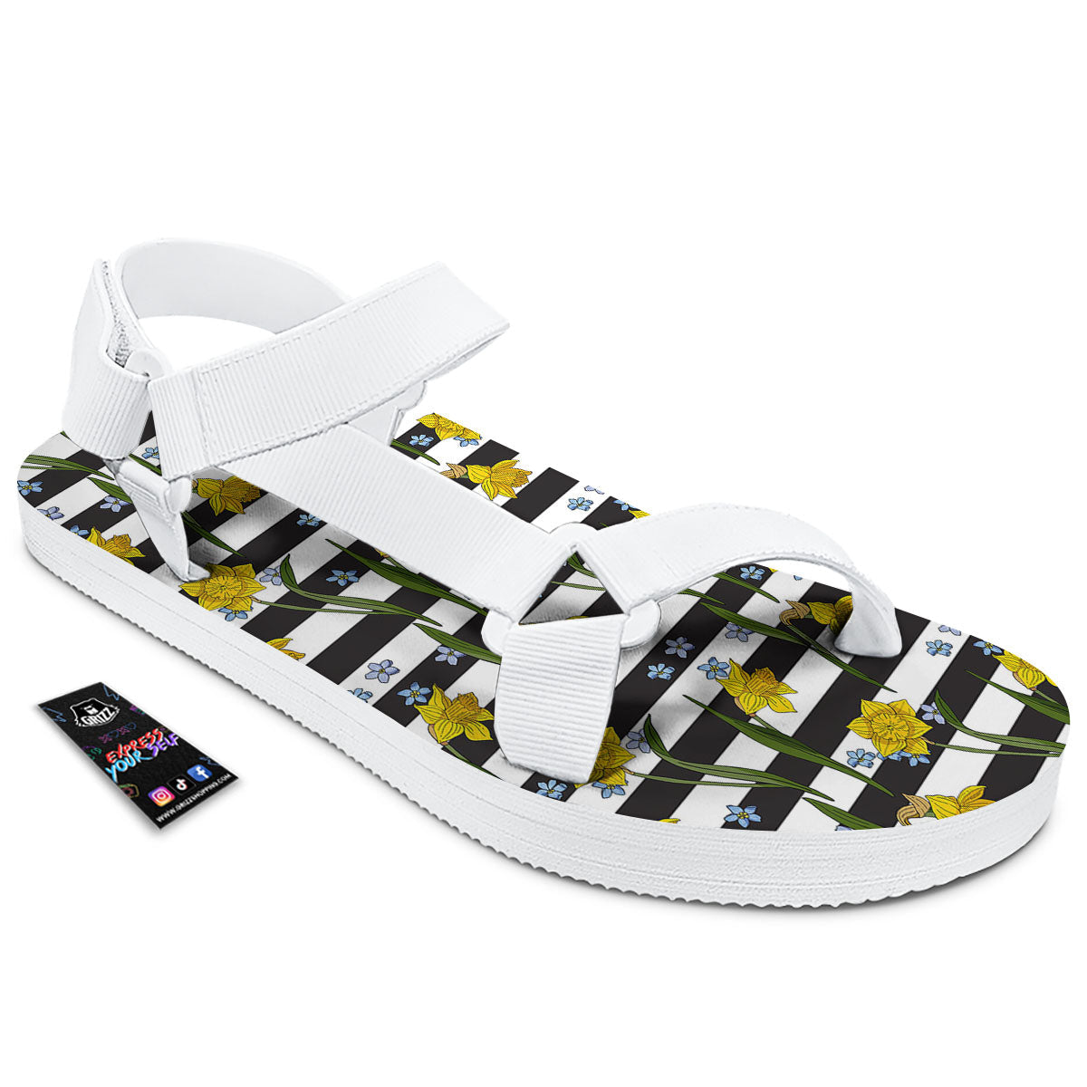 Daffodil Black Striped Print Pattern White Open Toe Sandals-grizzshop