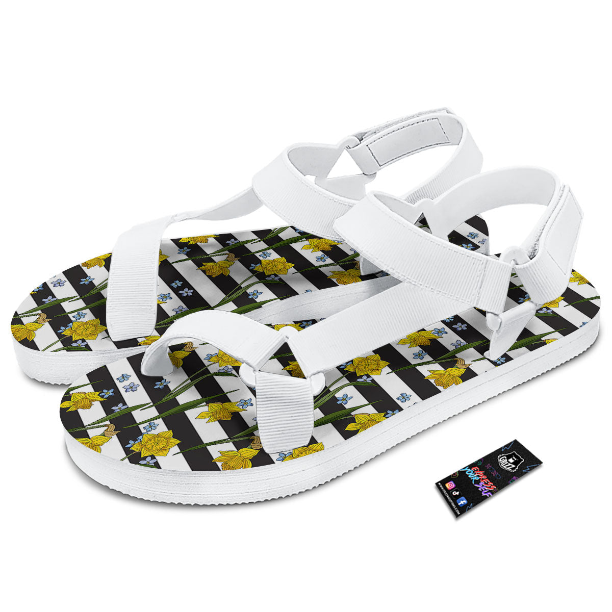 Daffodil Black Striped Print Pattern White Open Toe Sandals-grizzshop