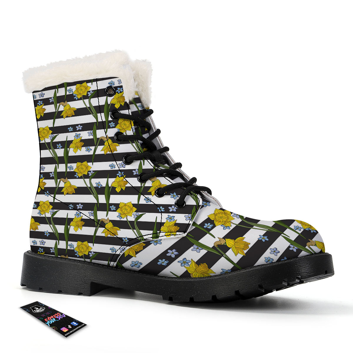 Daffodil Black Striped Print Pattern Winter Boots-grizzshop