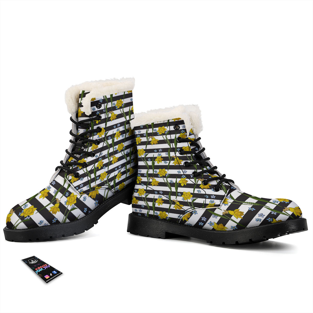 Daffodil Black Striped Print Pattern Winter Boots-grizzshop