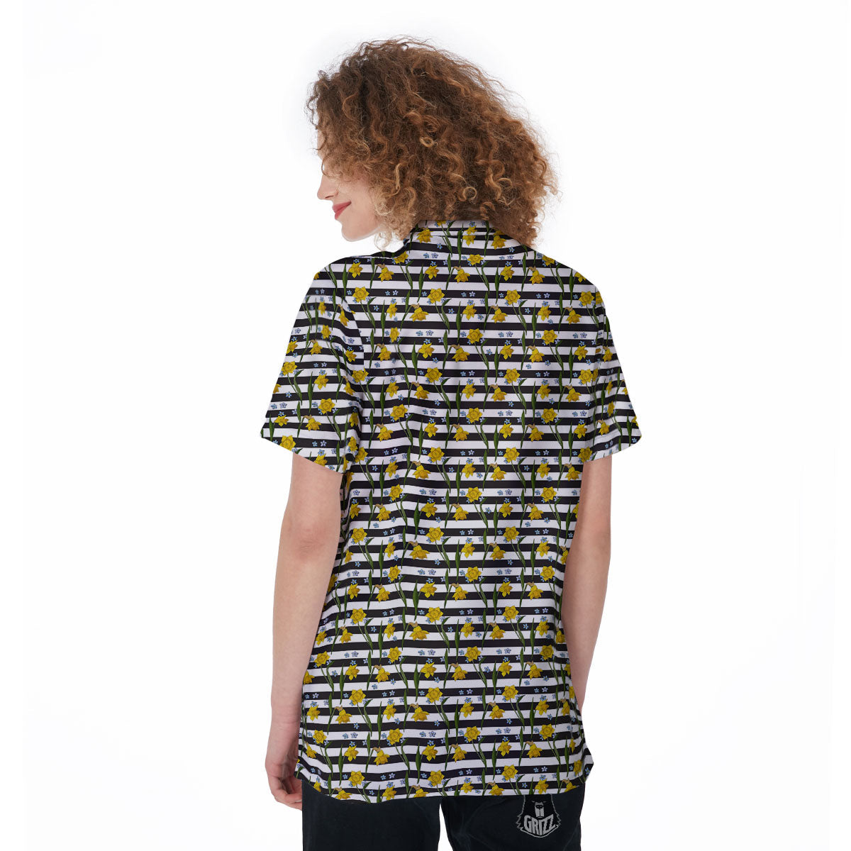 Daffodil Black Striped Print Pattern Women's Golf Shirts-grizzshop