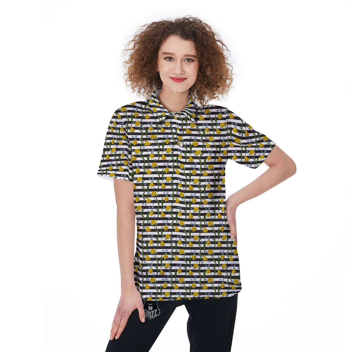 Daffodil Black Striped Print Pattern Women's Golf Shirts-grizzshop